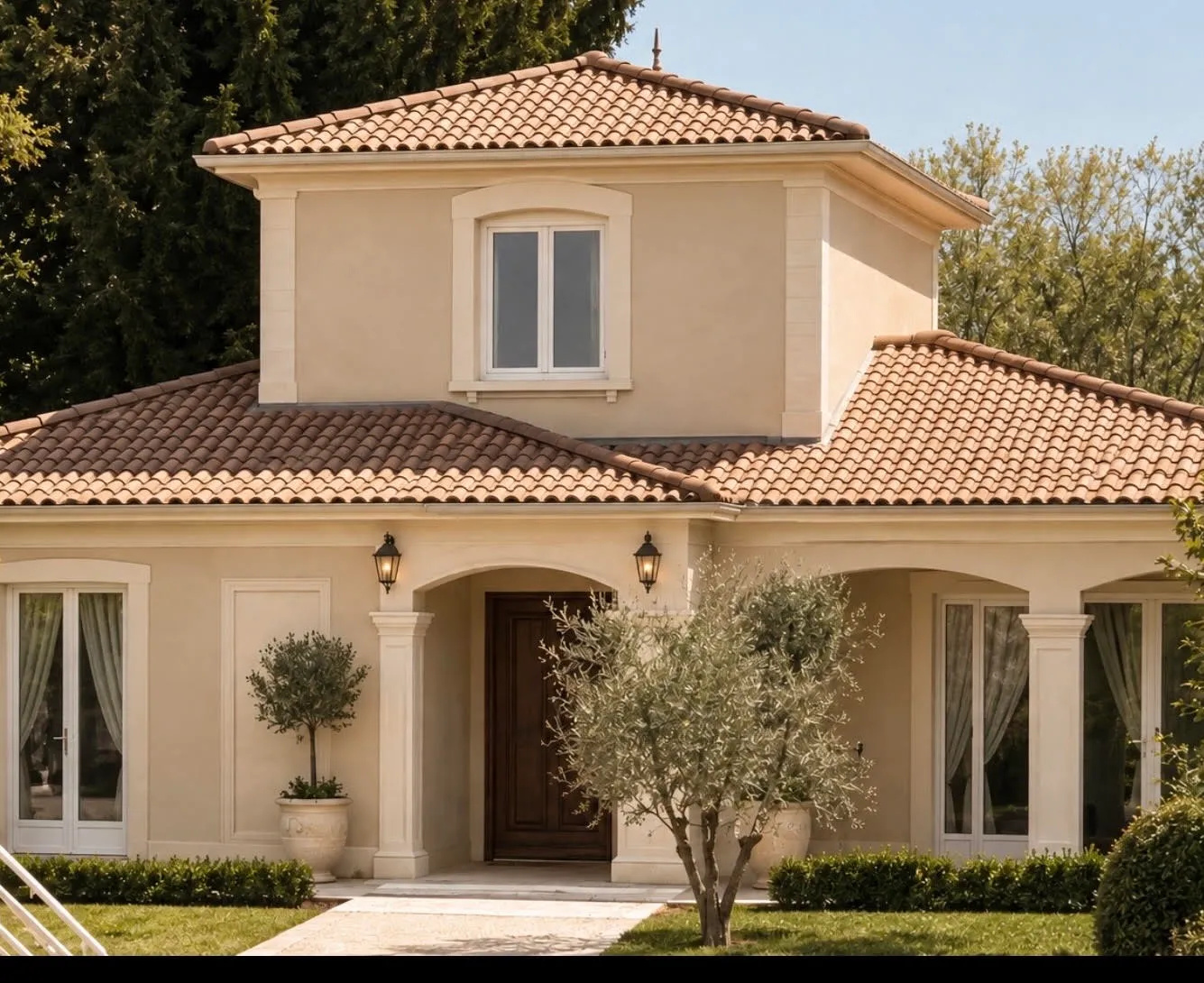Maison beige avec plusieurs pans de toiture en tuiles canal et un olivier devant la façade.